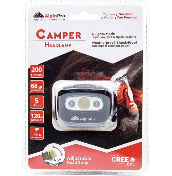 ALPINTEC ΦΑΚΟΣ ΚΕΦΑΛΗΣ CAMPER 200lumens ΑΔΙΑΒΡΟΧΟΣ CA-3178 BLACK RED